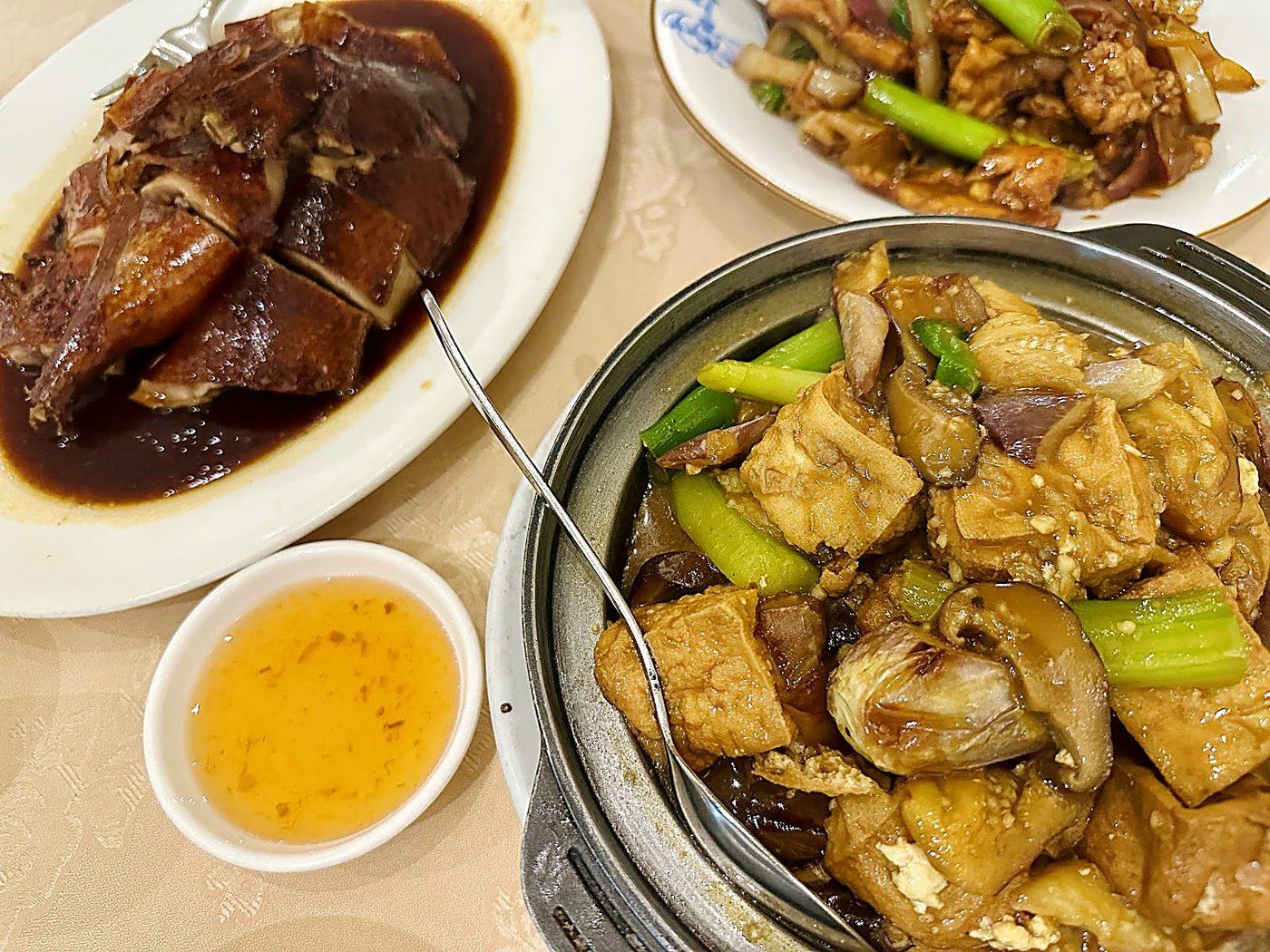 Cantonese Banquet Spread with Roast Duck and Claypot Tofu